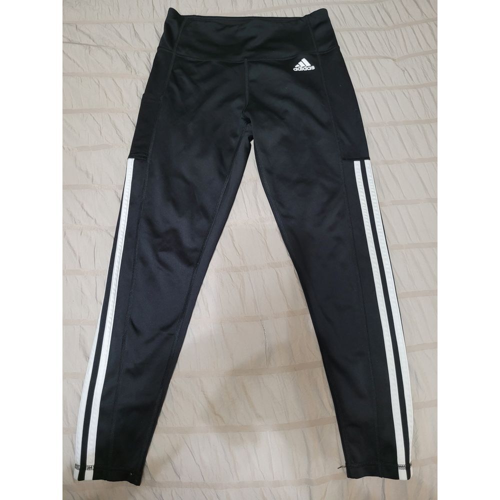 Adidas‎ Women's M Black Leggings with White Stripes Areoready Athletic Pants